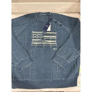 Polo Ralph Lauren Mens Indigo Blue American Flag Cable Knit Sweater XXL NWT $398